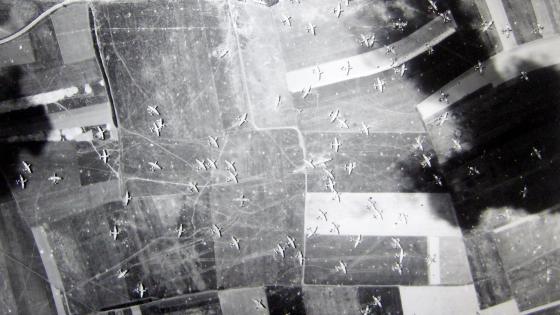 Aerial picture of landing zone at Ranville on D-Day