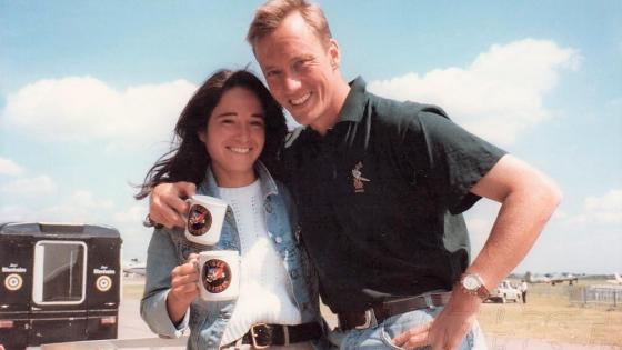 Mark and friend brandishing Tiger Squadron mugs in 1997.